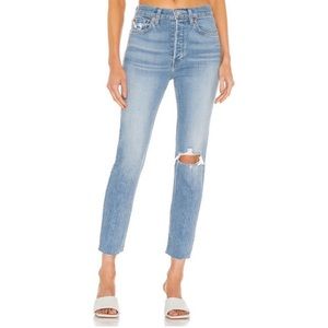RE/DONE 90s High Rise Ankle Crop Worn Bright Blue Destroy 28